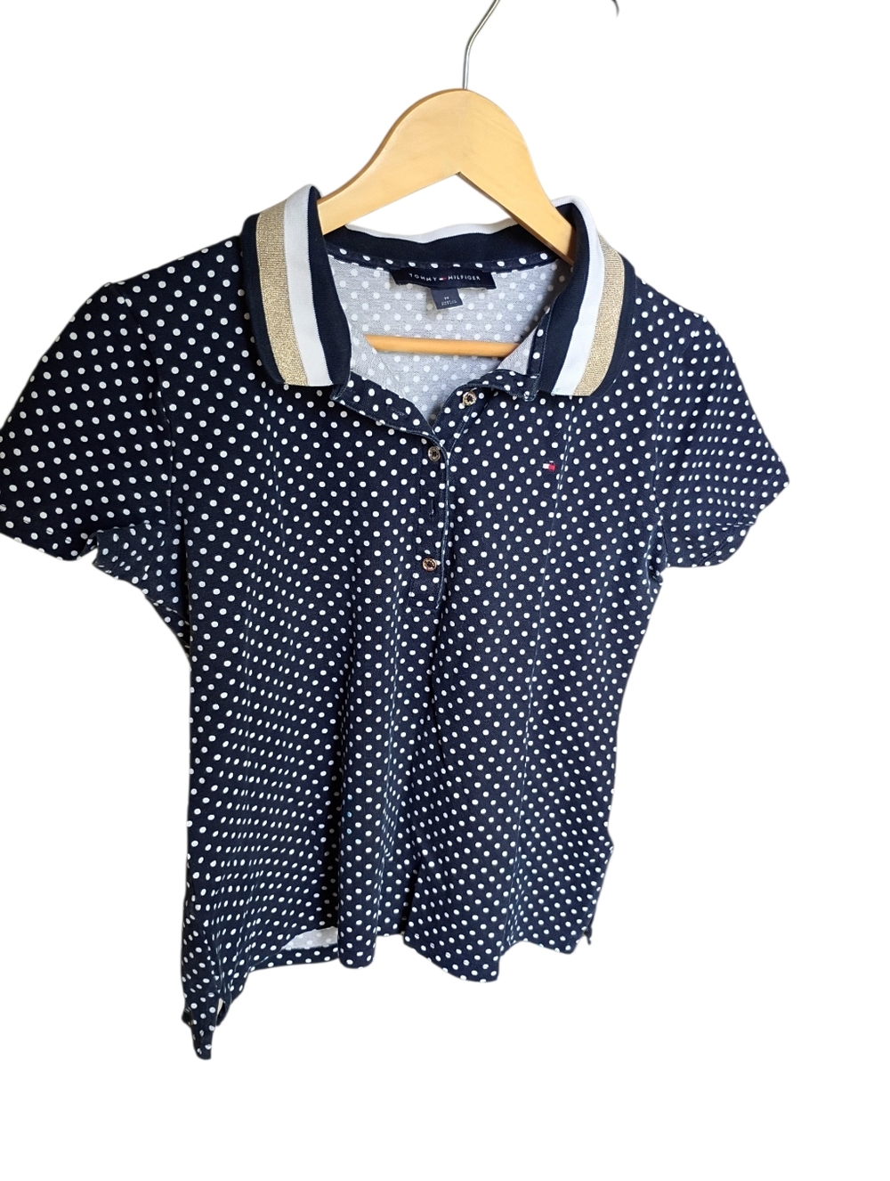 Tommy Hilfiger Navy Blue And Polkadot Polo Top Size Medium - Picture 2 of 7